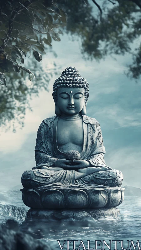Stone Buddha statue sits over calm water in misty landscape