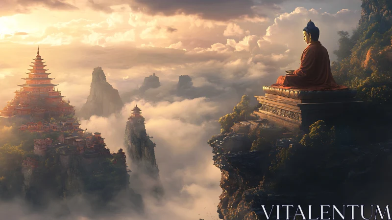 Meditating Buddha statue above foggy mountain pagoda valley.