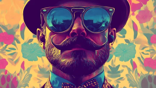 Vibrant pop-art portrait of bearded man with reflective glasses