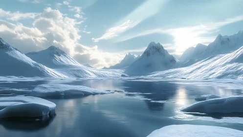 Snow-covered mountains surround a reflective polar inlet