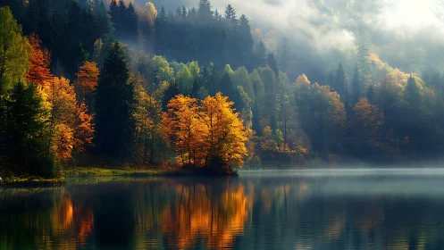 Autumn shoreline forest reflected in still mountain lake at dawn