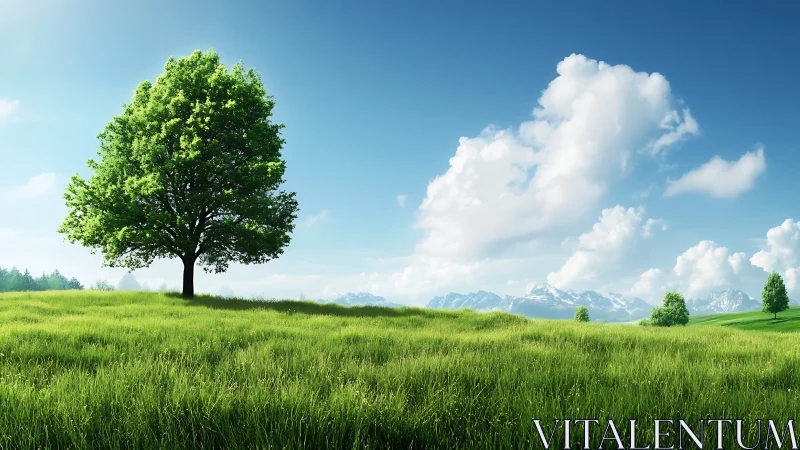 Solitary deciduous tree on sunlit meadow with alpine backdrop
