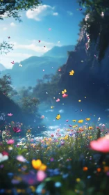 Depth-rich meadow scene with flying butterflies and volumetric haze