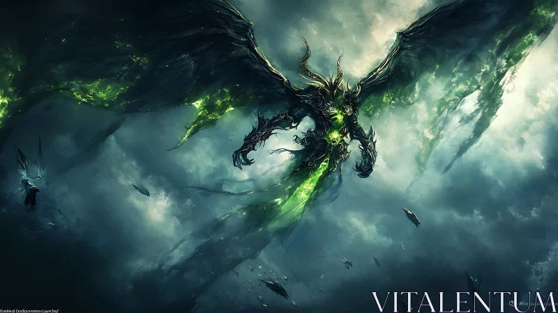 Winged demonic figure with green energy dominates cloudy sky