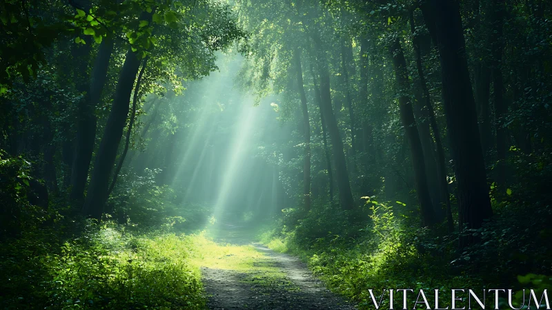 Sunlight Streaming Through Lush Green Forest Path, Nature Scene.