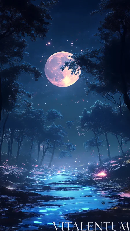 Luminescent Moon Above Bioluminescent Forest Stream.