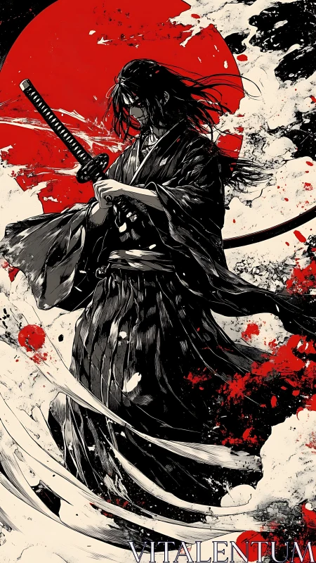 Storm-lit samurai poised before a burning red moon.