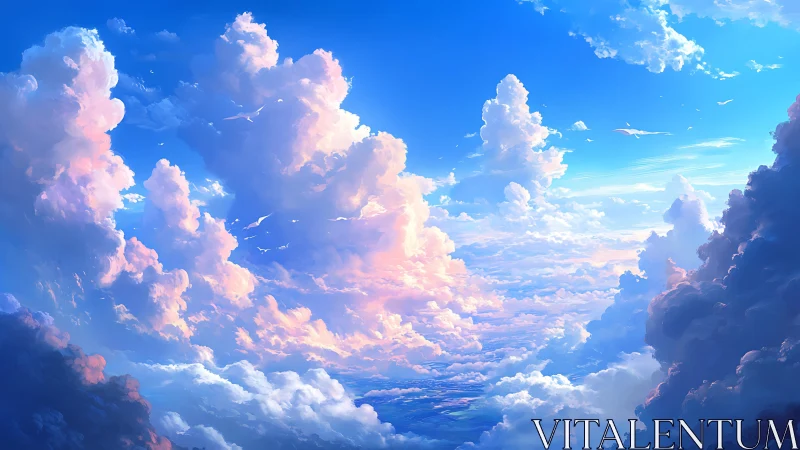 Luminous cloudscape under radiant blue sky at sunrise.