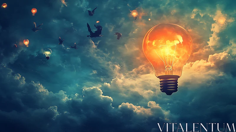 Light bulbs and birds in illuminated cloudy evening sky.