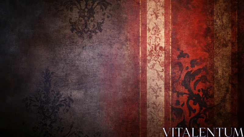 Vintage damask wallpaper texture with red striped panel.