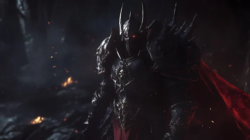 Dark armored warlord under glowing embers and shadows.