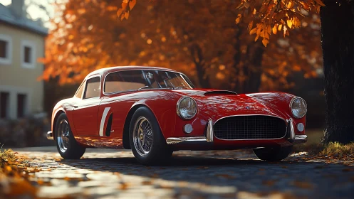 Red vintage coupe parked on cobbled street in autumn setting.