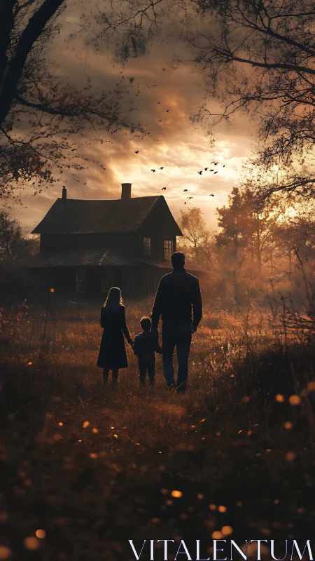 Silhouetted family walks home through ember-lit autumn dusk