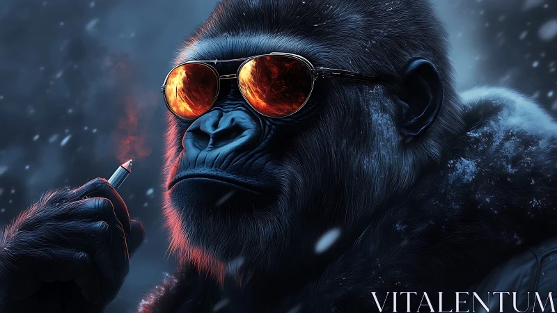 Cool gorilla in sunglasses with flare in snowy night scene.