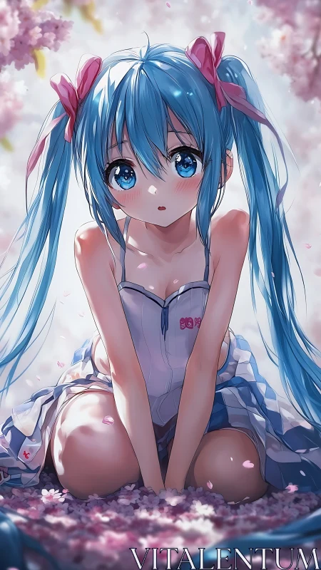 Blue haired anime girl kneeling among soft pink blossoms.