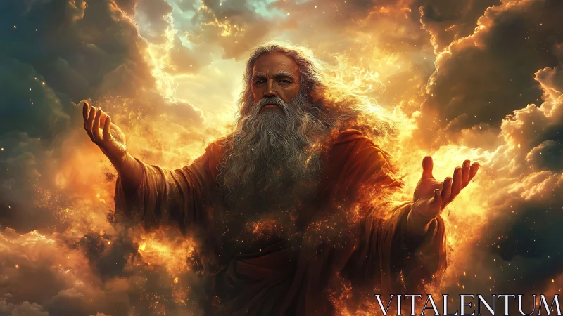 Elderly robed figure emerging from luminous infernal clouds