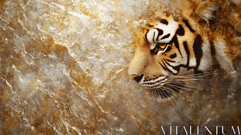 Tiger head profile merges with textured stone background