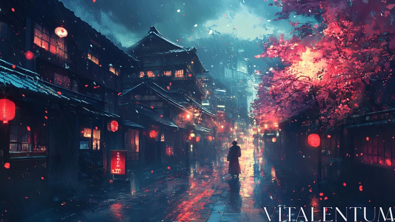 Night street with lanterns and cherry trees in rainfall.