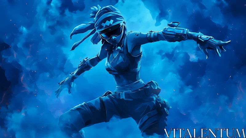 Stealth cyber warrior leaps through glowing blue nebula field