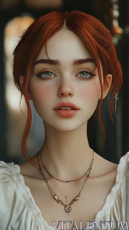 Red haired young woman rendered in detailed digital portrait