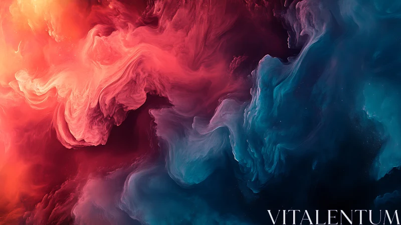 Nebulous red and blue clouds forming abstract cosmic gulf.