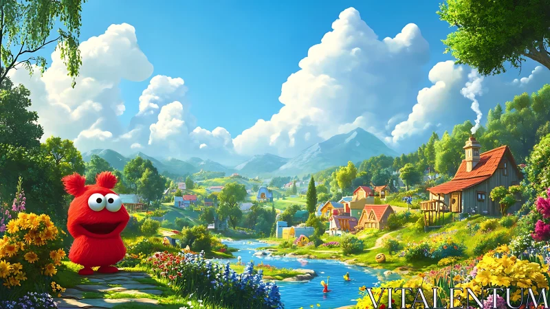 Red furry character in bright cartoon village landscape.