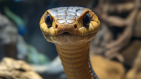 Curious golden snake gazes straight into the spotlight.