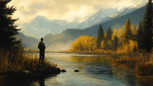 Solitary fly fisher beside golden river under alpine peaks.
