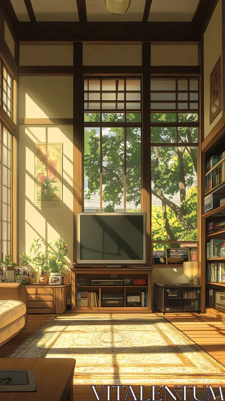 Sunlit domestic living room with large window and TV unit.