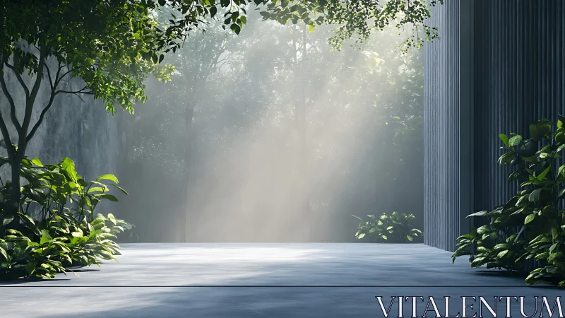 Sunlit concrete terrace bordered by dense green foliage.