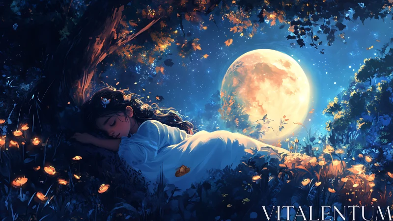 Moonlit forest dream with sleeping girl under glowing sky.