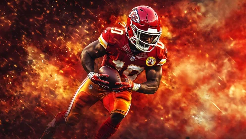 Dynamic football star racing through a blazing stadium moment.