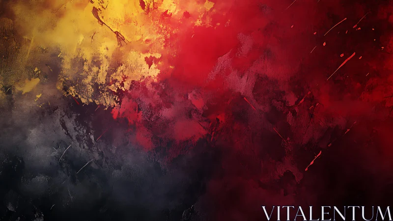 Dramatic abstract painting with bold red, yellow, and black tones.