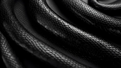 Glossy black serpent coils reveal intricate reflective scales