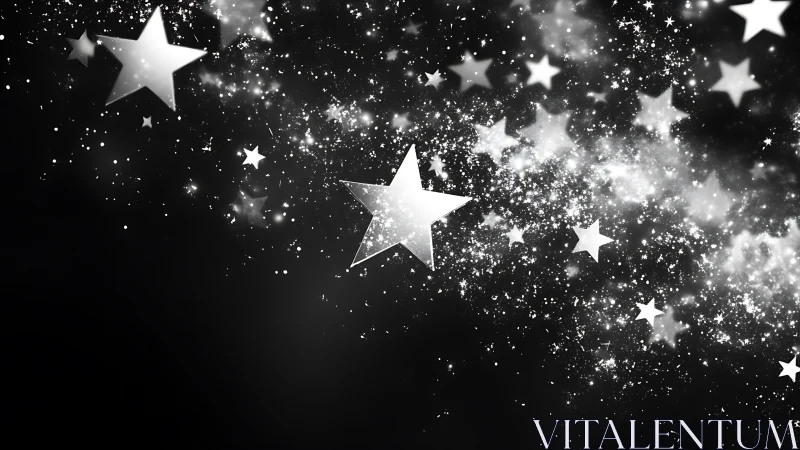 Monochrome field of stylized stars on a dark gradient background.