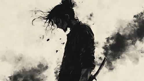 Solitary samurai bows his head amid swirling inked shadows