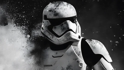 Armored sci fi soldier rendered in high contrast grayscale