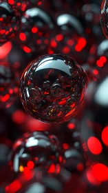 Reflective glass spheres float among blurred red bokeh light