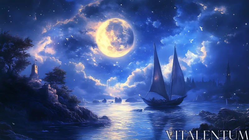 Moonlit sailboat glides across luminous fantasy seascape