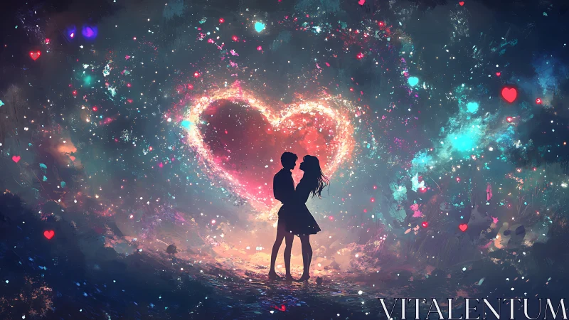 Couple silhouetted against luminous heart of cosmic particles