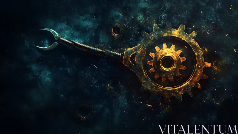 Glowing golden gear and wrench in a dreamy cosmic workshop.