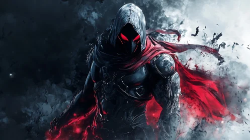 Hooded armored figure with red cloak in digital mistscape.