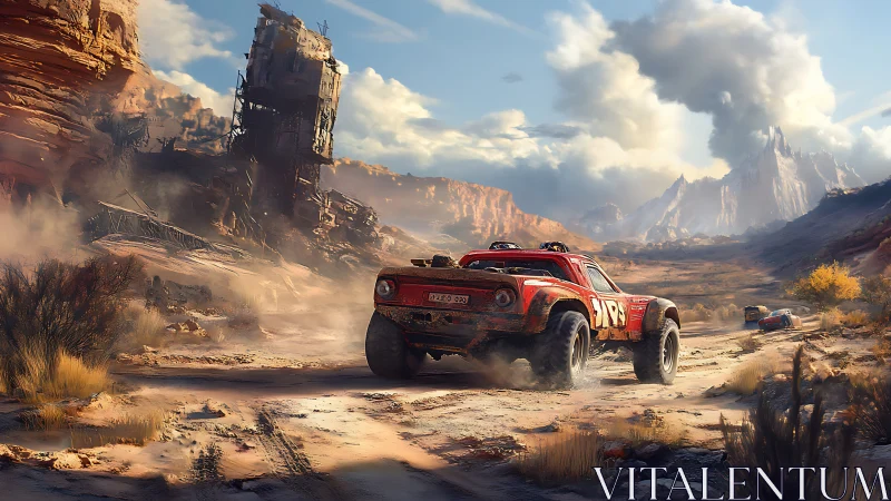 Dusty desert racers charge toward towering canyon ruins