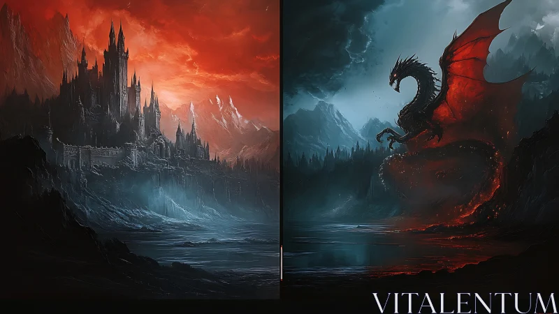 Contrasting dark fortress and red-lit dragon share one landscape