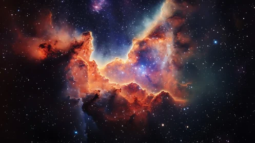 Stellar nebula structure with dense gas clouds and stars.