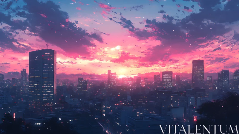 Neon dusk skyline over dense futuristic city horizon.