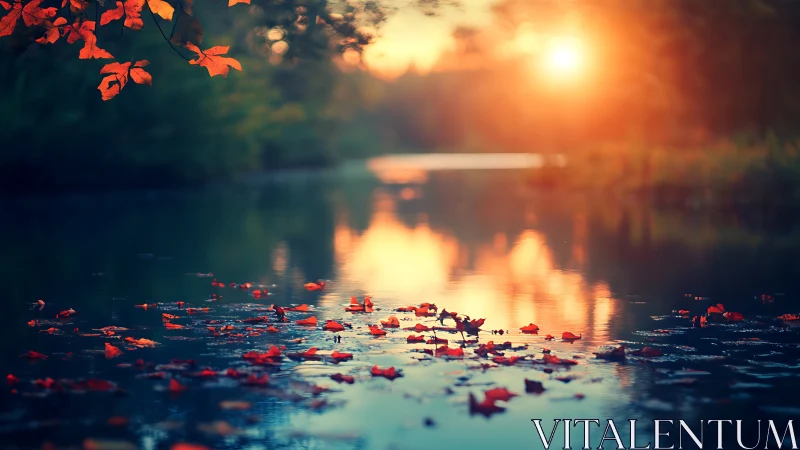 Sunlit autumn river reflects orange sky and drifting leaves