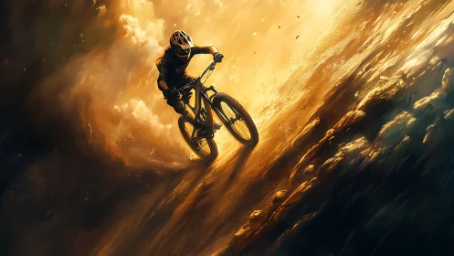Mountain biker executing dynamic aerial maneuver with dramatic golden-hour atmospheric illumination.
