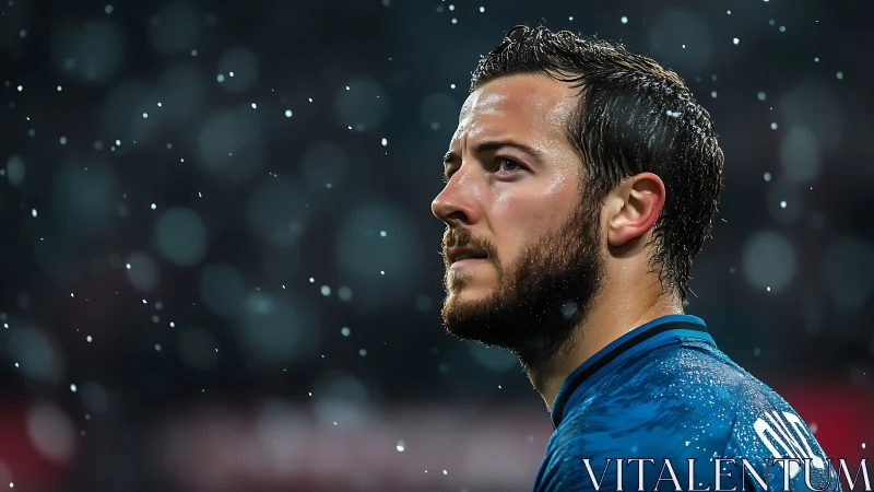 Side-lit footballer under rainfall with shallow depth of field.