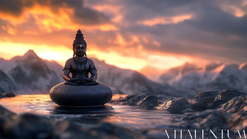 High-altitude Buddha statue on reflective rock pool at sunset